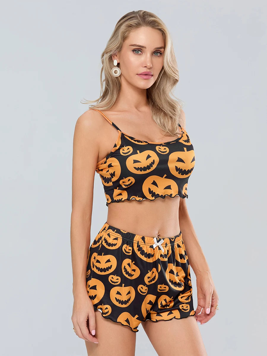 Pumpkin Print Halloween Pajama Set For Women