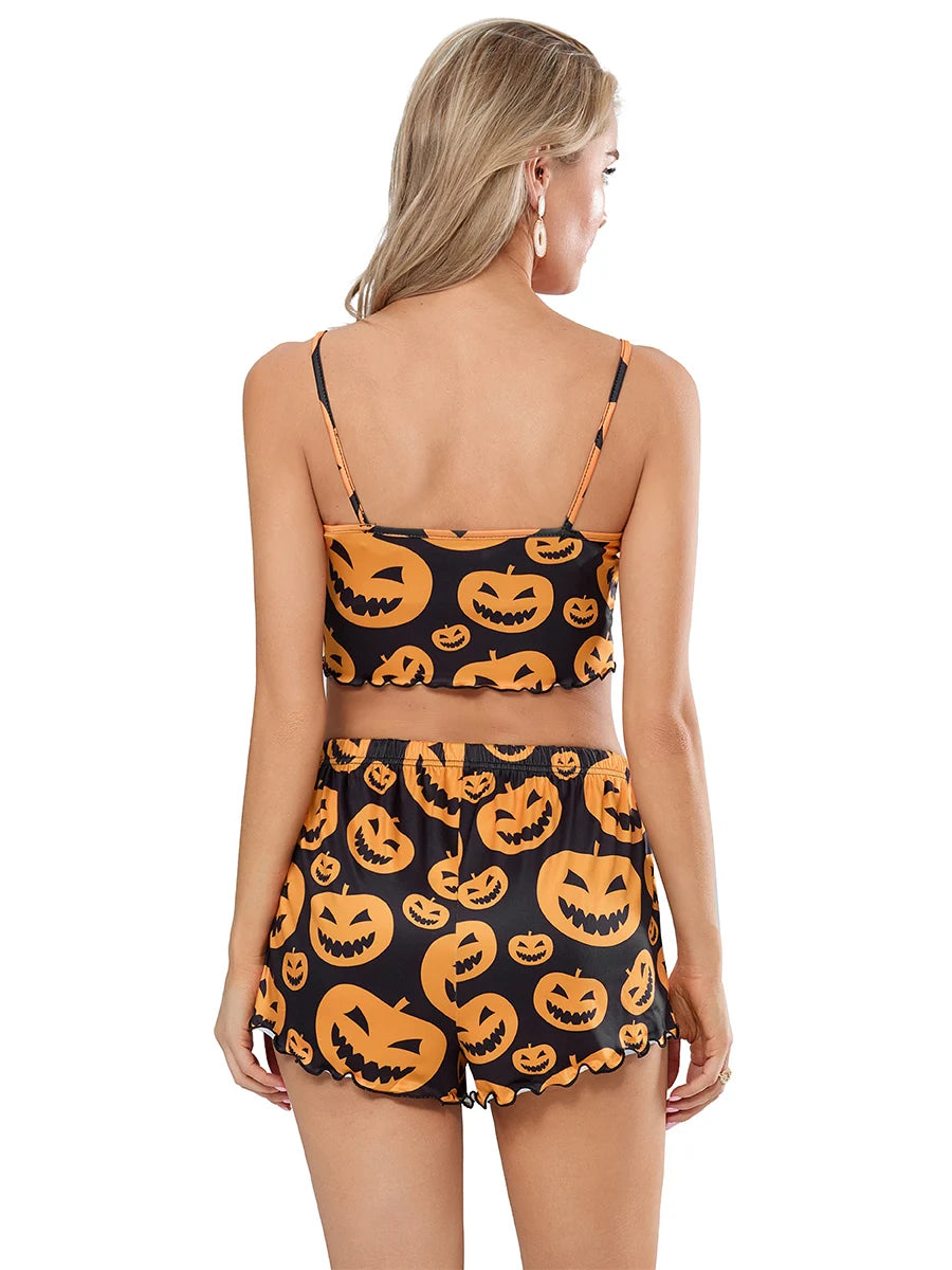 Pumpkin Print Halloween Pajama Set For Women