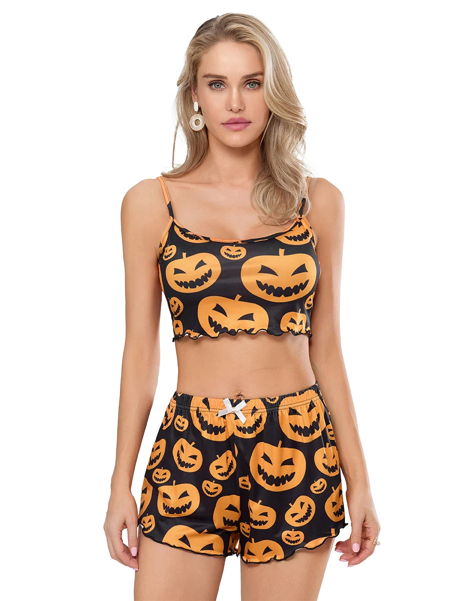 Pumpkin Print Halloween Pajama Set For Women