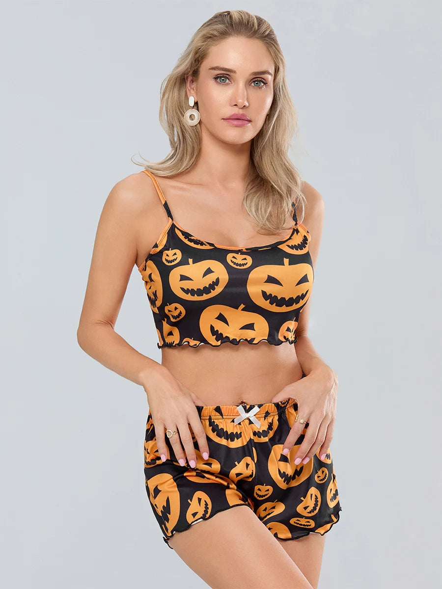 Pumpkin Print Halloween Pajama Set For Women