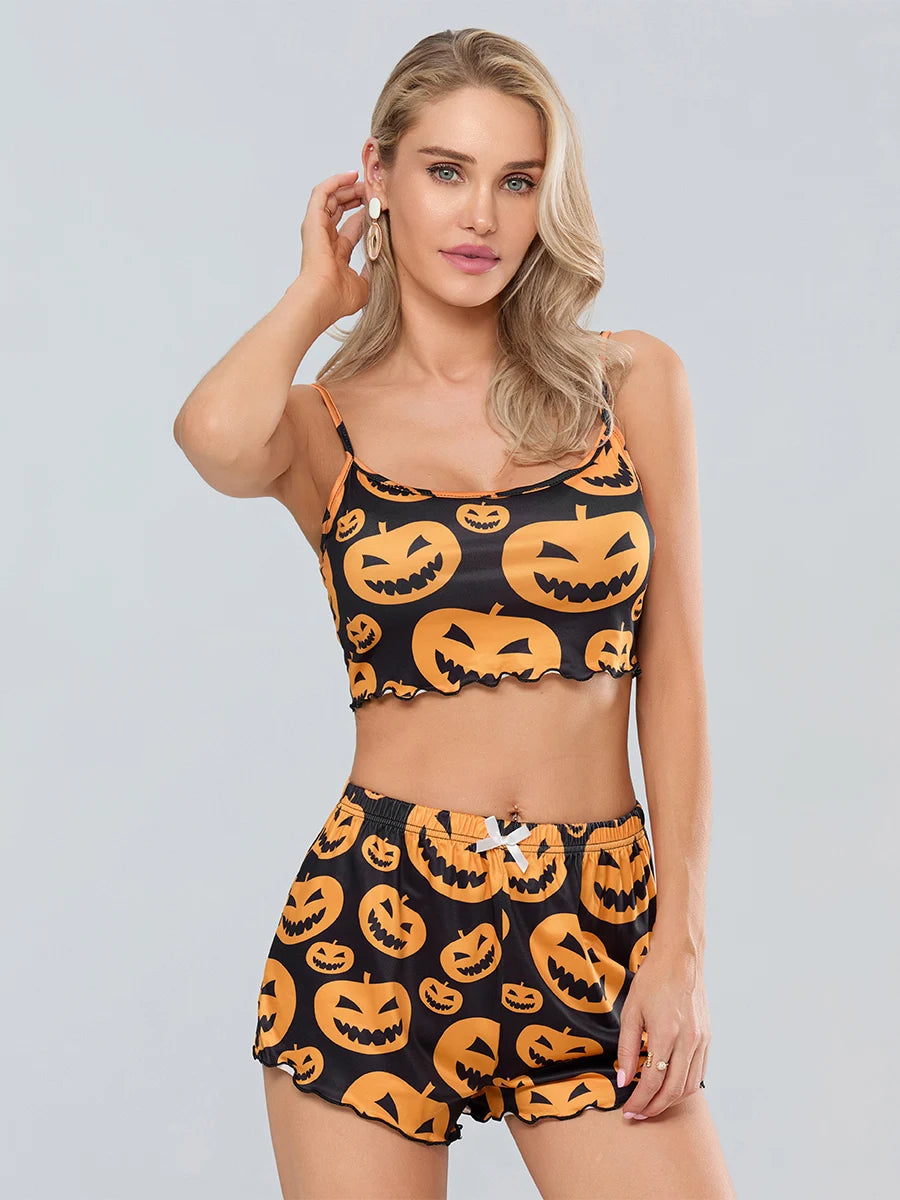 Pumpkin Print Halloween Pajama Set For Women