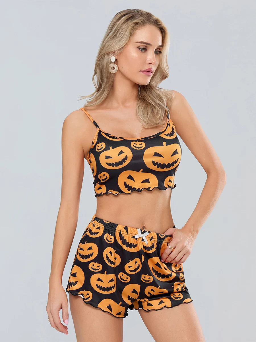 Pumpkin Print Halloween Pajama Set For Women