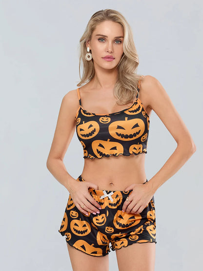 Pumpkin Print Halloween Pajama Set For Women