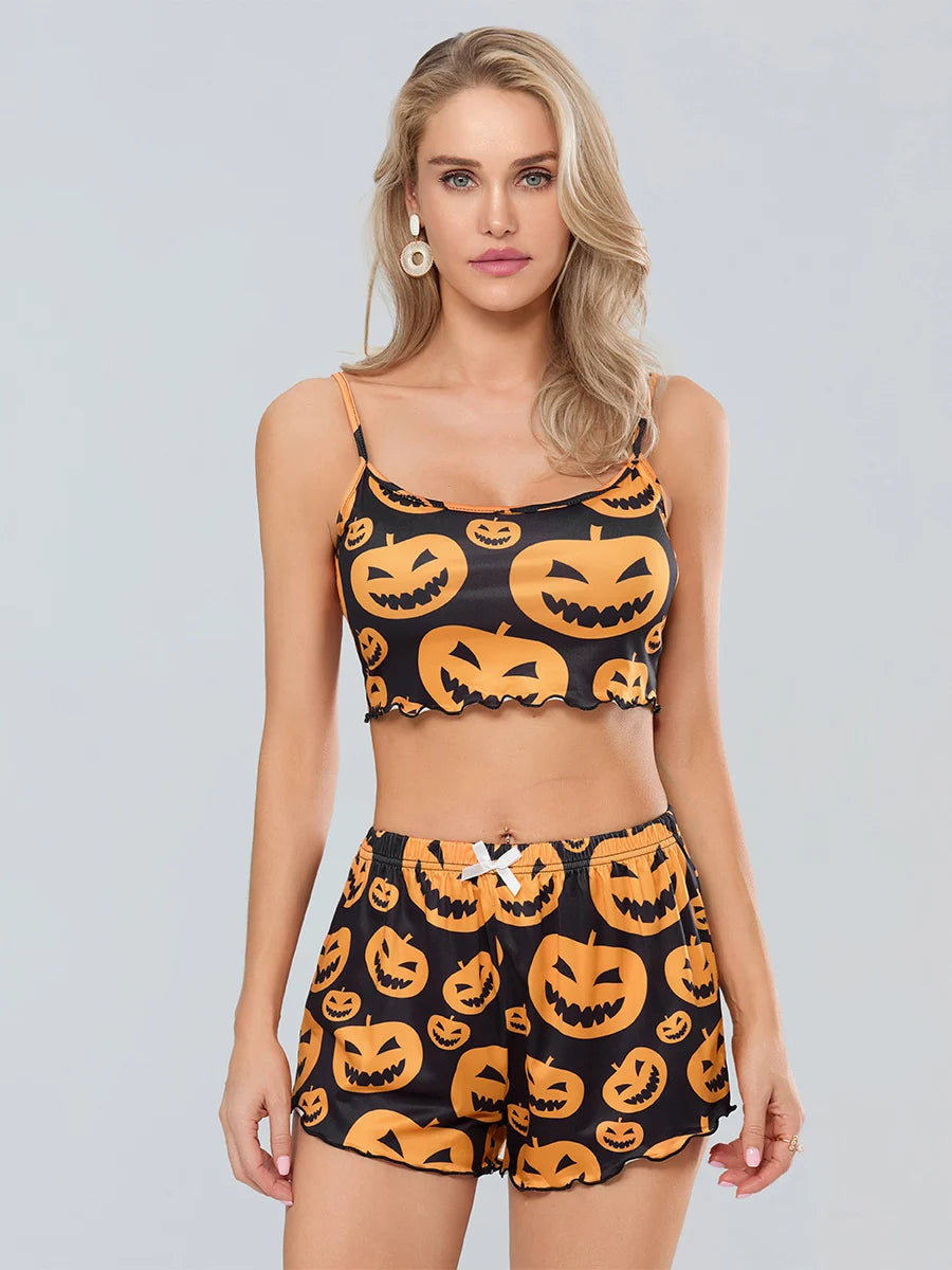 Pumpkin Print Halloween Pajama Set For Women