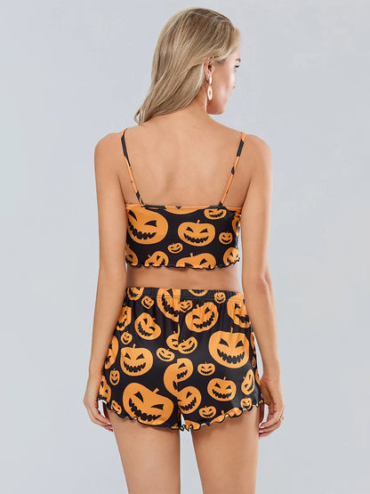 Pumpkin Print Halloween Pajama Set For Women